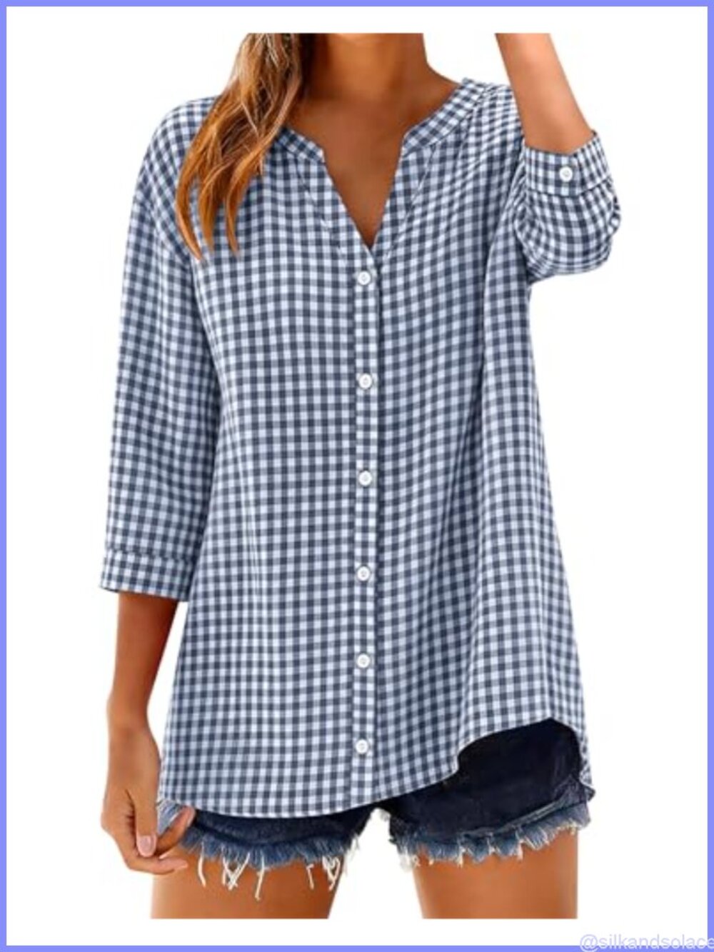 Womens 3/4 Sleeve Button Down Shirt Cotton V Neck Casual Loose Blouse Top